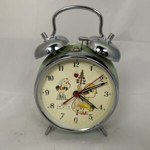 Vintage Diamond Birds Mechanical Alarm Desk Clock Green Enamel Chrome